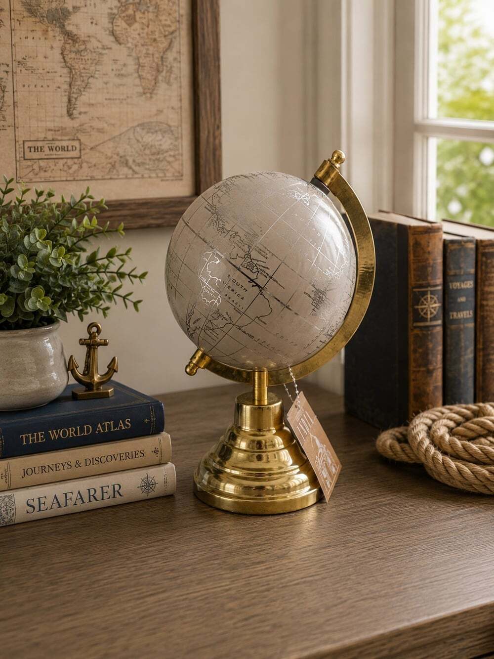 New Tan Hollywood Regency Globe Sculpture Marble Base Figurine Room Decor
